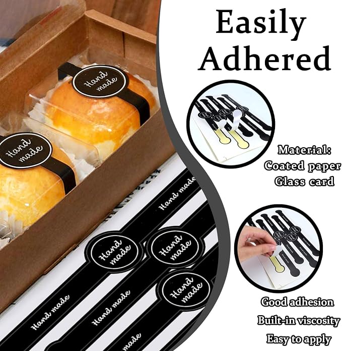 500pcs Handmade Food Baking Seal Stickers, Black Self Adhesive Bakery Stickers, 7.1in Long Strip Tamper-Proof Packaging Sealing Labels for Lollipop Cake Cookie Bread