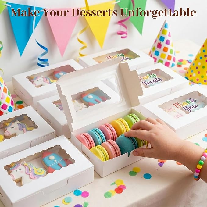 VGOODALL 20PCS Cookie Boxes, 7x4.3x1.5 Inches White Bakery Boxes with Window Cupcake Containers for Gift Giving, Treat, Dessert, Strawberries,Muffins