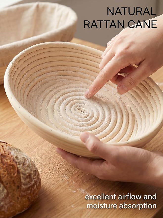 Banneton Sourdough Bread Proofing Basket Handmade 9 in Round&10 in Oval Set | 9PCS Natural Rattan Sourdough Proofing Basket, Baking Bowls with Liners&Scoring Lame&Mesh Strainer, Baking Fermentation Tools