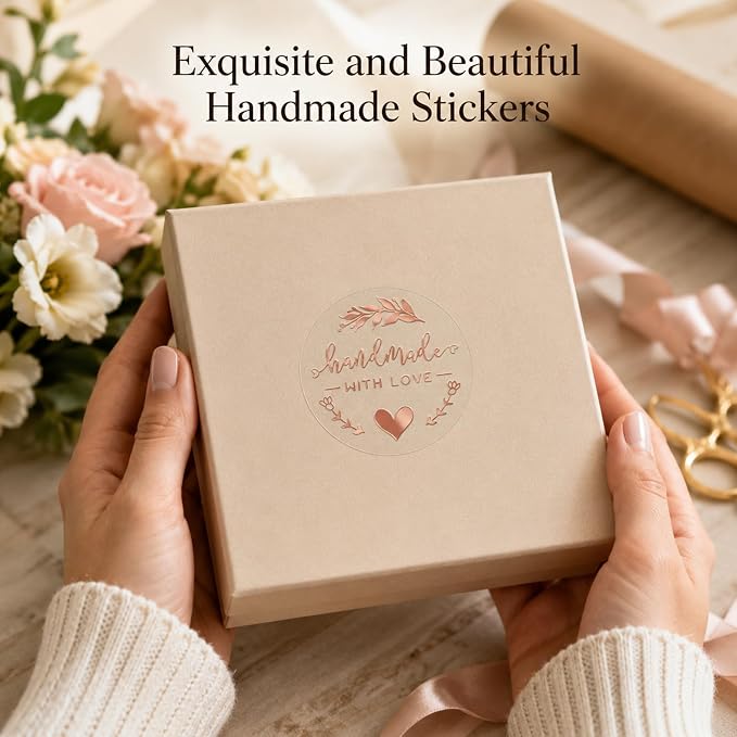 100PCS Handmade with Love Stickers, 1.6" Transparent Rose Gold Foil Labels | Made with Love Stickers for Bakery, Cookies, Boutique, Cake Boxes, Bread, Bakery, Candle, , Small Business