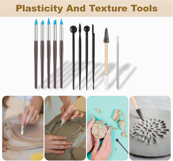 CeeVian 40PCS Clay Sculpting Tools Kit, Pottery Tools Set with Stainless Steel & Wooden Clay Carving Tools, Ball Stylus, Rubber Tip Shapers, Sponge & Storage Bag for Ceramic, Polymer Clay, Sculpting