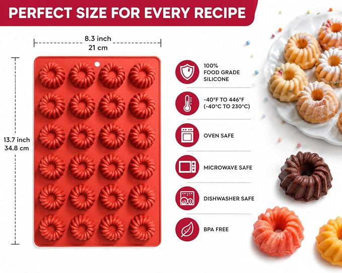 2 Pack Bundt Cake Silicone Mold, 48 Cavity Fluted Ring Baking Pan, Nonstick Buntz Mold for Chocolate, Jelly, Pudding, Ice Cubes, Donuts and Bite Size Cakes