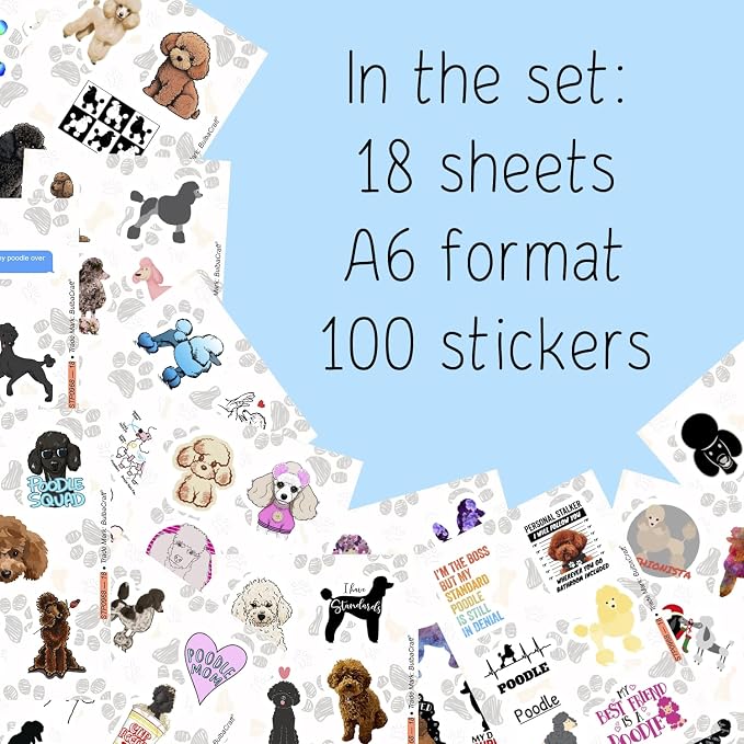 100Pcs Poodle Stickers for Water Bottle and Laptop - Poodle Party Supplies & Decorations, Waterproof Vinyl Decals, Cute Dog and Pet Stickers, Gifts for Women & Men