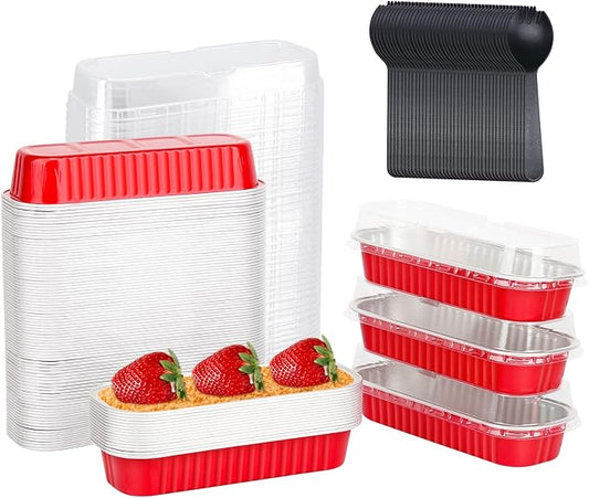 LNYZQUS Mini Cake Pans with Lids 100 Pack,Individual Foil Baking Tins,Disposable Mini Loaf Pans Small Cakes Tin Cupcake Containers for Children's Day Bake Sale-Red,6.8oz