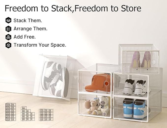 Kuject XX-Large Shoe Storage Boxes Organizers Clear Plastic Stackable 12 Pack, Shoe Rack & Holder Substitute, Sneaker Containers, Shoe Storage Organizer Bins for Closet, Under Bed,White(No Fold Line)