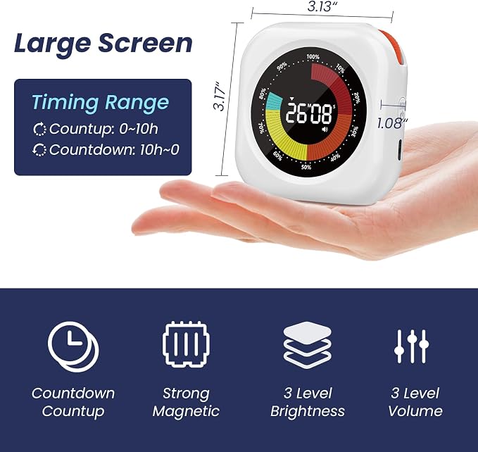 PERSUPER Visual Timer for Kids, 10 Hours Countdown/Up, with Rechargeable, 3 Volume Levels, 3 Brightness Display, and Magnetic, Homeschool Study Tool, Large Digital Timers for Classroom (2 Packs)