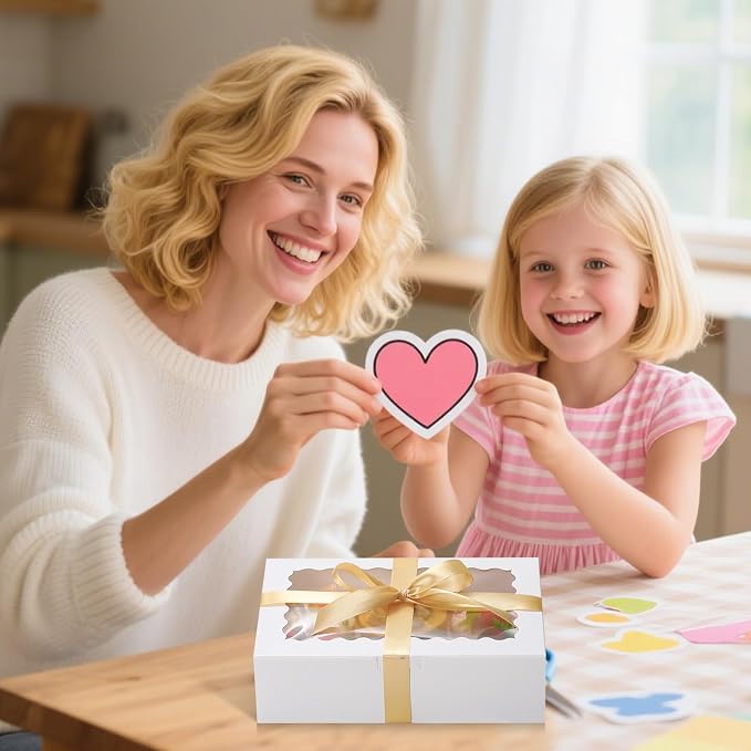 36 Pack Cookie boxes with Window,9x6x2.5 Inch Large Bakery Boxes with Ribbon and Sticks for Chocolate Covered Strawberries Muffins Donuts Pastry Dessert