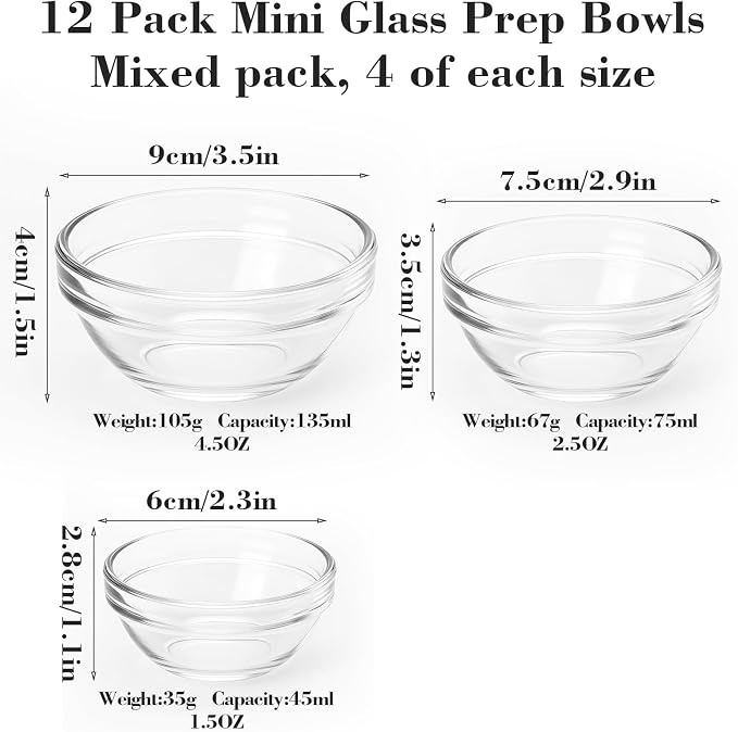12-Piece Mini Glass Prep Bowls Set - 4x 1.5 oz, 4x 2.5 oz, 4x 4.5 oz Small Nesting Mixing Bowls for Kitchen, Food Prep, Spices, Sauces & Snacks