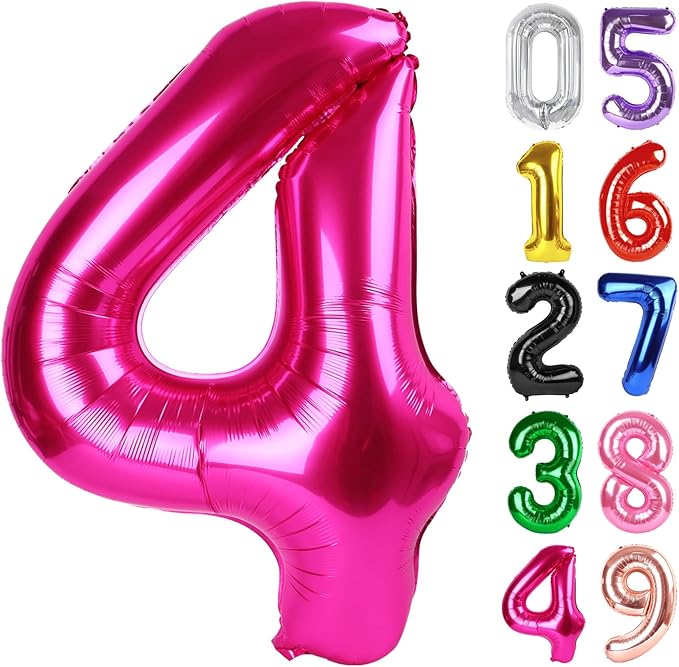 Hot Pink Number 4 Balloon 40 Inch, 4th Birthday Party Decorations for Children, Giant 4 Foil Balloon for Party Supplies