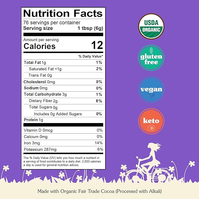 NuNaturals Unsweetened Organic Fair Trade Cocoa Powder, Premium Dutch-Process For Drinking and Baking, 1 lb (Pack of 2)