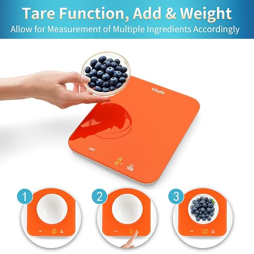 Vitafit 33lb/15kg Digital Food Scale in High Precision 0.1oz/1g, Our Own Kitchen Scale Professional Factory Since 2001, Kitchen Essentials for Cooking & Baking, LED, 3xAAA Battery, Refreshing Orange