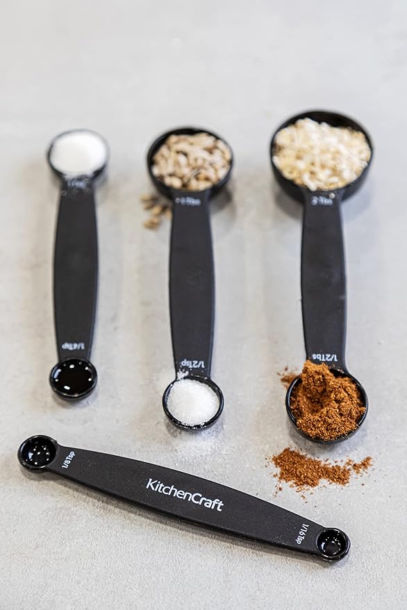 KitchenCraft Magnetic Measuring Spoons Set Stainless Steel Stackable Dual Sided Teaspoons and Tablespoons for Measuring Dry and Liquid Ingredients, Set of 4, Black