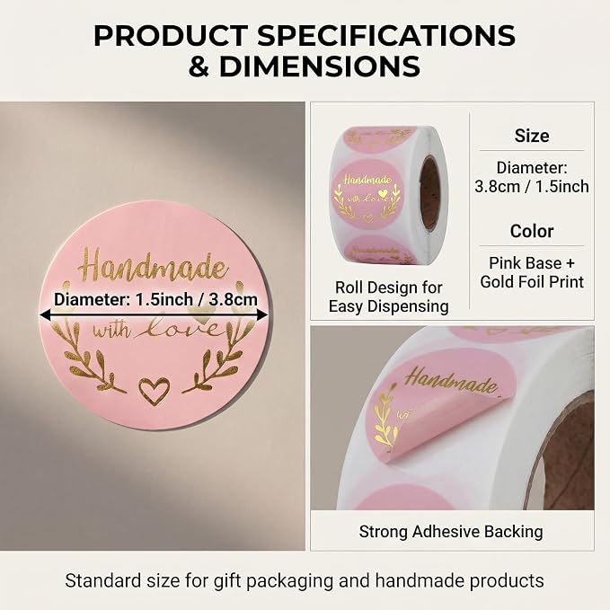 500Pcs Homemade with Love Stickers 1.5 inch Round Pink Adhesive Labels for Baking Packaging Envelope Seals Small Business Gift Wrap Handmade Crafts