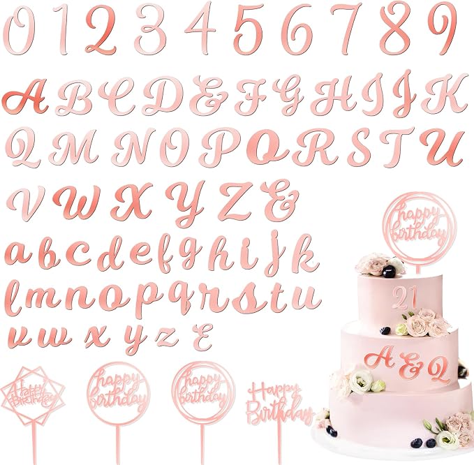 Teenyyou 68 Pcs Acrylic Alphabet Number Cake Topper 0-9 Number and A-z Letters Personalized Cake Picks Decor DIY Name Cupcake Toppers Graduation Wedding Baby Shower Party(Rose Gold)