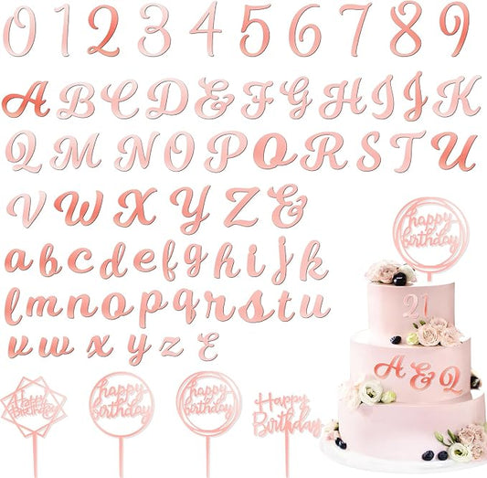 Teenyyou 68 Pcs Acrylic Alphabet Number Cake Topper 0-9 Number and A-z Letters Personalized Cake Picks Decor DIY Name Cupcake Toppers Graduation Wedding Baby Shower Party(Rose Gold)