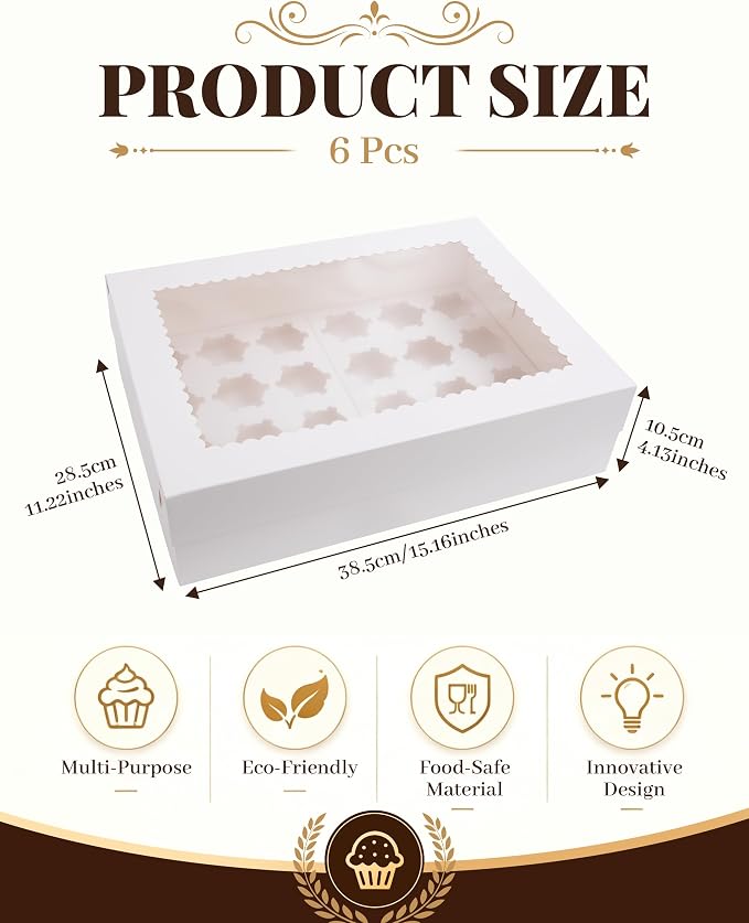 8 Pack Cupcake Boxes with Window for 24 Standard or Mini Cupcakes Corrugated Adjustable Height Bakery Box for Cake,Cookies,Donuts,Muffins&Other Pastries（15x11x4 Inch）