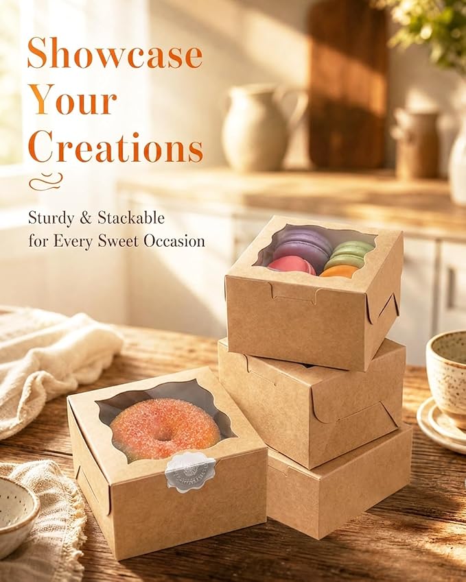 Bakepacker 400pcs Brown Bakery Boxes with Window 4"x 4"x 2.5" Thick & Cookie Boxes & Sturdy Macaroon Pastry