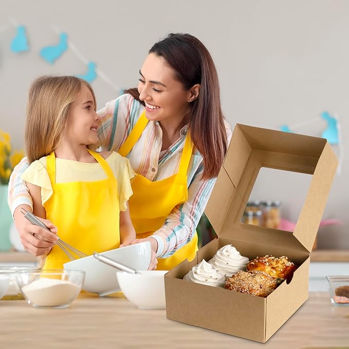 Jotique Cupcake Boxes with Window, 20 Sets 6x6x3 Inch Kraft Paper Bakery Boxes for Cookies and Muffins, Sturdy Disposable Treat Boxes for Individual Pastry, Baked Goods, Gift Giving, Mother's Day