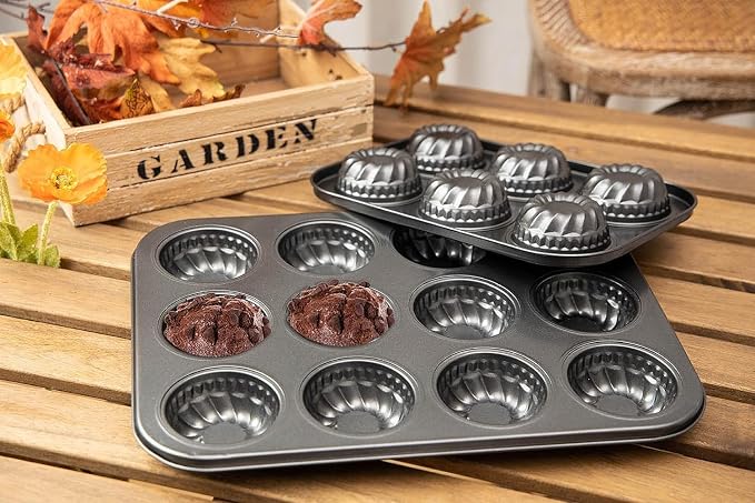 Mini Bndt Cake Pan 2 Pack, Nonstick Brownie Bowl Pan 12-Cavity Fluted Small Round Cake Tray Shortcake Pan Mold for Fall Baking Thanksgiving Muffin Bavarois, Carbon Steel Cake Pan