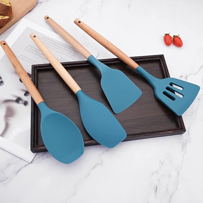 12Pcs Blue Non Stick Silicone Kitchen Utensils Wood Handle, Silicone Cooking Utensils Spatula Set with Holder, Heat Resistant Sturdy Kitchen Gadgets Tool Set