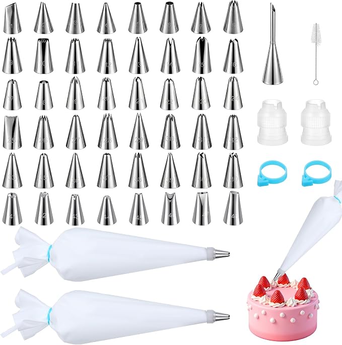 56 Pcs Reusable Piping Bags and Tips Set Frosting Piping Kit for Home | 16"Pastry Bags for Cake Decorating Cupcakes & Cookies with 48 Frosting Tips 2 Leak-Proof Cotton Icing Bags for Baker Beginner