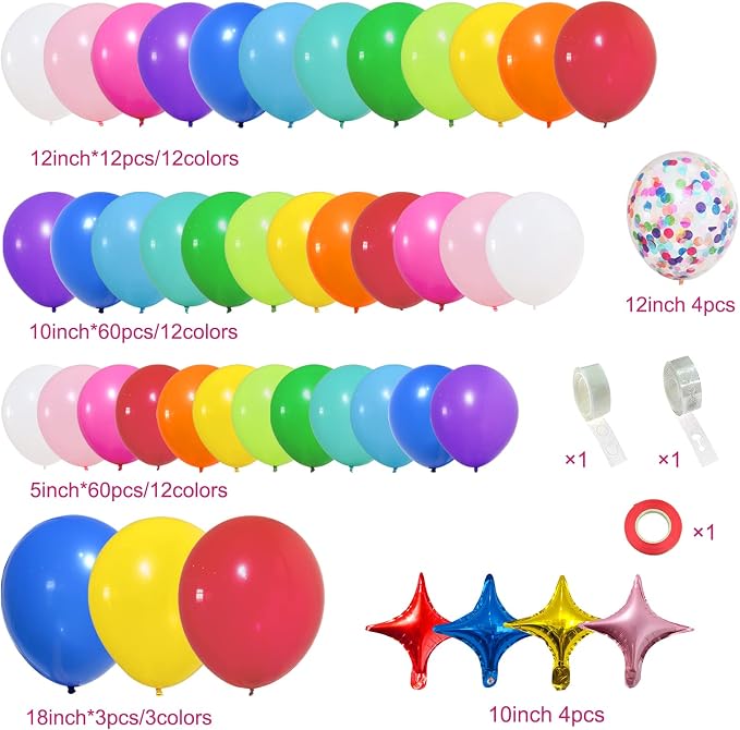 PERPAOL 146pcs Rainbow Balloon Arch Kit, 12 Assorted Multicolor Balloons for Birthday Party, Anniversary, Festival, Carnival Circus Decoration with Star Foil Confetti Balloons