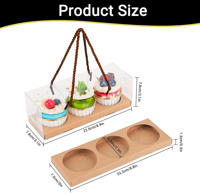 EUSOAR Cupcake Containers, 10 Pcs 9"x3"x3" Brown Clear Muffins Boxes 3 Compartments Bakery Take out Holder, Portable Dessert Pastry Cookies Wrappers for Graduation Gifts Birthday Wedding Favor