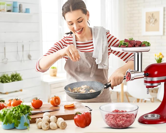 KINGEAGLE Stainless Steel Food Grinder Attachment for KitchenAid Stand Mixer, Durable Meat Grinder, Includes 3 Grinding Plates, 3 Sausage Stuffer Tubes, 2 Grinding Blades, Dishwasher Safe