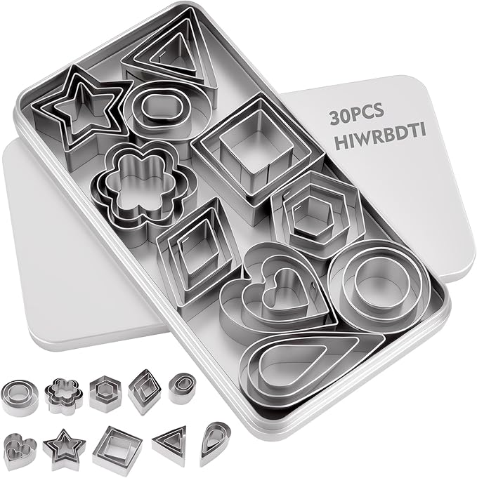 30PCS Mini Cookie Cutters Shapes Set with Box for Kids, Small Stainless Steel Star Triangle Cookie Cutter Variety Pack, for Tiny Polymer Clay, Fruit