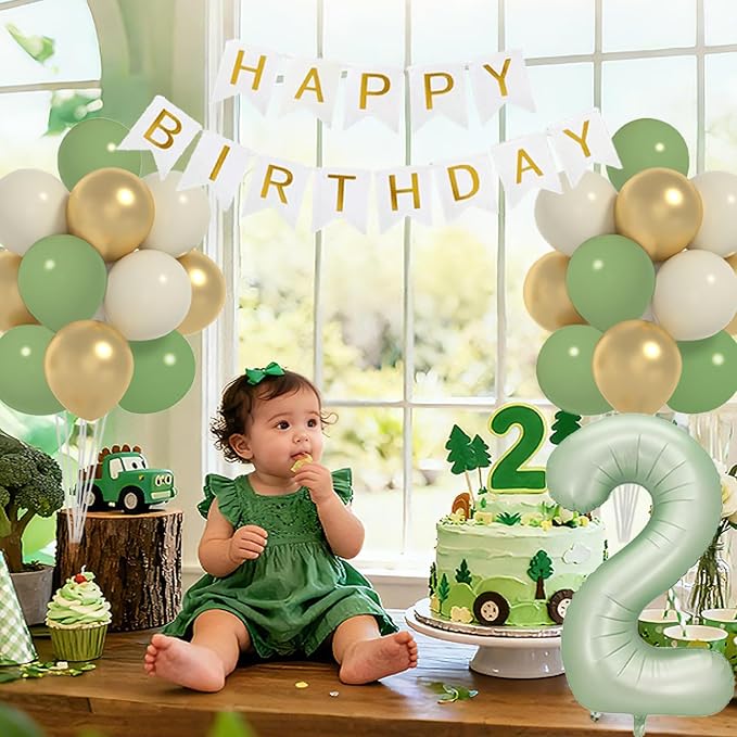 Sage 2nd Birthday Decorations For Boy -12 Inch Sage Balloons, 40 Inch 2 Balloon,, Happy Birthday Banner for Two Year Old BD Party Decorations