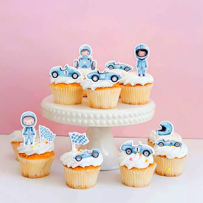 55Pcs Edible Cartoon Blue Race Car Cupcake Toppers Edible Racing Boy Driver Cupcake Picks for Racing Car Baby Boys Birthday Cupcake Decorations Boys Blue Birthday Party Decorations