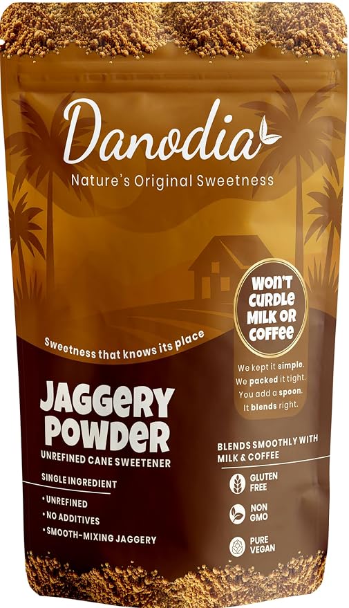 Danodia Foods Organic Jaggery Powder, Cane Gur Sweetener, 2 lb Pack | Fine sugarcane gur sweetener for chai, coffee, baking, cooking, desserts and Indian pantry recipes; Indian pantry sweetener