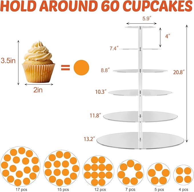 6 Tier Large Acrylic Round Cupcake Stand, Clear Wedding Cupcake Tower Stand, Cupcake Tier Stands for Dessert Table, Tiered Cupcake Holder Stand, Cupcake Display Stand