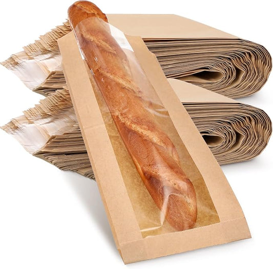 Thenshop 100 Pieces Paper Bread Bag with Window for Homemade Bread Bags Bags Brown Kraft Loaf Storage Sacks Long French Biscuits Packaging (6.5 x 2 x 18 Inch)