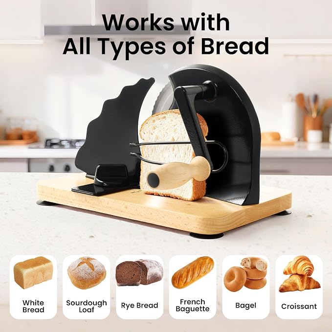 Manual Bread Slicer for Homemade Bread, Stainless Steel Slicers Serrated Blade Design, Adjustable Slice Thickness with Metal Guide, Hand Crank Bread Slicer with Scale Line and Suction Cup(Black)