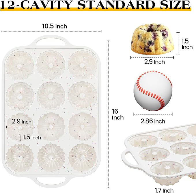 2 Pc Silicone Mini Fluted Tube Cake Pans with Metal Frame, 6-Cavity Non-Stick Moldes De Silicona Para Gelatina, Mini Flan Molds for Cupcake, Donuts, Muffin, Cornbread, Brownie, Jellies (Cream)