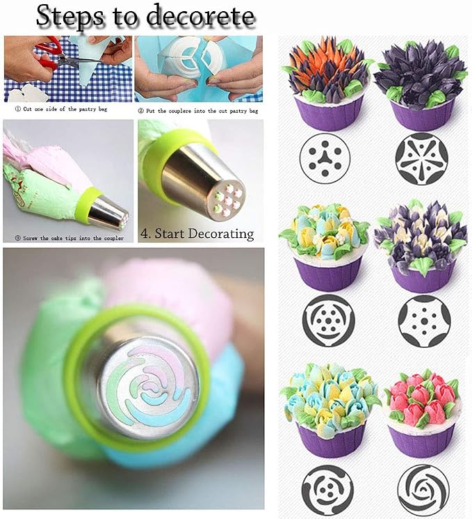 Russian Piping Tips 26 pcs-14 icing Nozzel (2 leaf Tips)+10 Baking Pastry Bags+2 Couplers Frosting Tips Set (26 pcs)