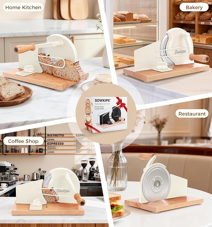 SOWKIPE Upgraded Manual Bread Slicer for Homemade Sourdough Bread, Adjustable Thickness Hand Crank Bread Cutter with Metal Guide, Scale Line, Even Slices, Suction Cups, Cover (Cream)