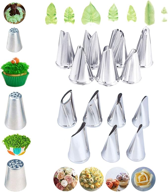7 Pieces Large Piping Tips Set, 3Pieces Russian Grass Cream Tips DIY Decor Baking Tool and 7 Pieces leaf Stainless Steel Piping Nozzles Kit(17 Pieces)