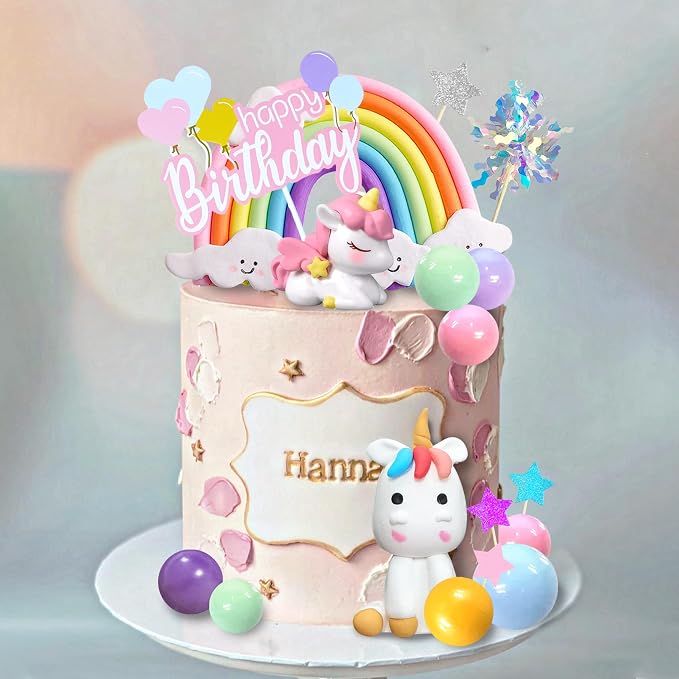 18 PCS Unicorn Cake Topper, Unicorn Rainbow Cake Decorations with Rainbow Stars Unicorn Foil Firework Balls Happy Birthday Cake Decorations (Style 1)