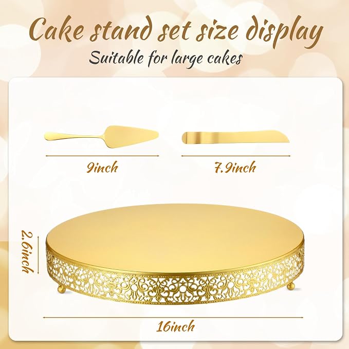 Wenqik 16 Inch Gold Cake Stand Set Metal Round Cupcake Dessert Stand with Cake Cutting, Spatula Wedding Cupcake Pastry Display Candy Holder Display for Wedding Party Birthday Baby Shower(Classic)