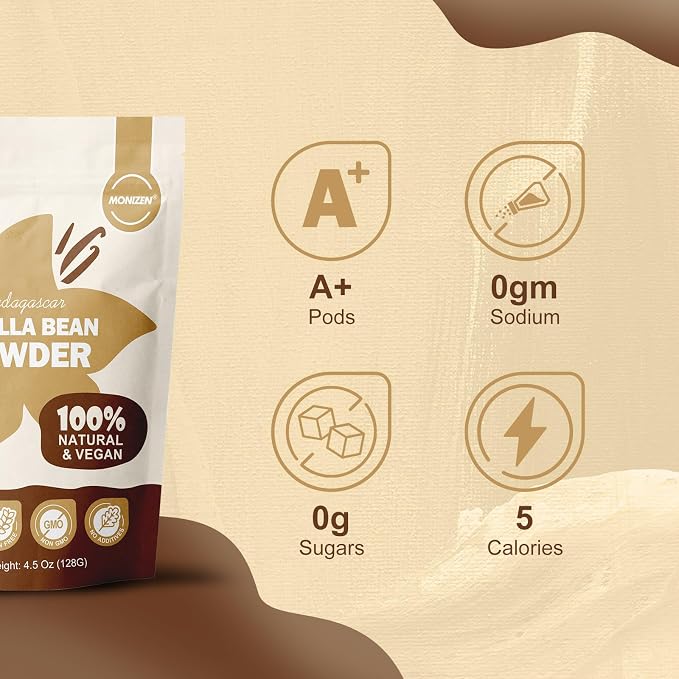 MONIZEN Pure Madagascar Vanilla Powder 4.5 oz, A+ Grade Whole Bean Ground Fine Gourmet Madagascar Vanilla, No Additives for Baking Desserts Drinks Smoothies Ice Cream 128g