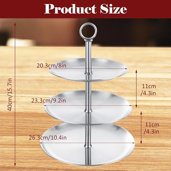 3 Tier Stainless Steel Cupcake Stand, Silver Cup Cake Tower Stand, Metal Serving Tray with Base, Tiered Cake Display Holder Dessert Stand for Table Decorations Wedding Party Birthday