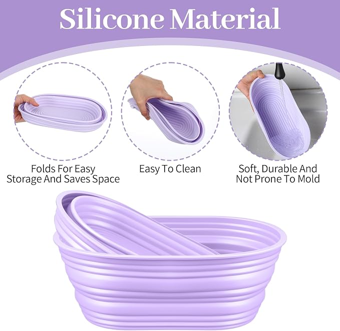 MAQUITA 4-Pack Oval Silicone Bread Proofing Basket, 10-Inch Sourdough Proofing Basket Set (Purple)