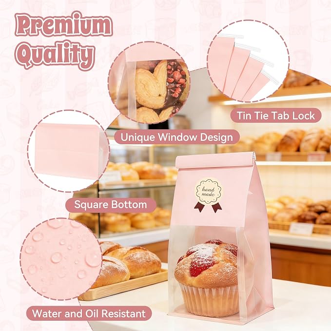 Funcoo 50 Cookie Bags with Seal, Resealable Bakery Bags with Window, Pink Paper Treat Bags for Packaging Pastry, Muffin, Cookie, Baked Goods, Included 60 Handmade Stickers