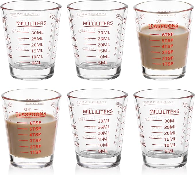 SAIAOKJ Shot Glasses Measuring Cup Set 6 Pack Espresso Shot Glasses Liquid Heavy Glass 26-Incremental Measurement 1 OZ,2 TBS,6 TSP,30 ML Kitchen Tools (Red)