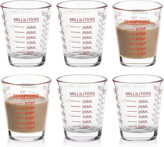 SAIAOKJ Shot Glasses Measuring Cup Set 6 Pack Espresso Shot Glasses Liquid Heavy Glass 26-Incremental Measurement 1 OZ,2 TBS,6 TSP,30 ML Kitchen Tools (Red)