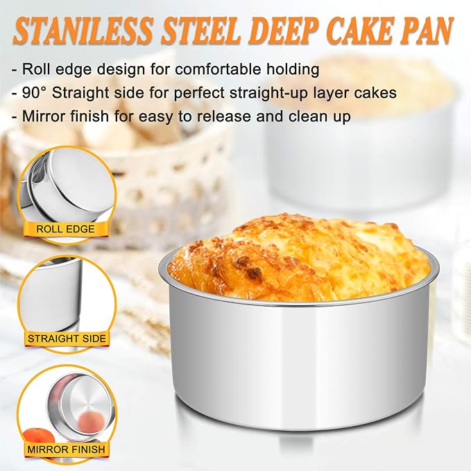 E-far 8 x 3 Inch Round Cake Pans, Stainless Steel Deep Cake Baking Pan Tin for Birthday Wedding Party Chiffon Cheesecake, Healthy & Non-Toxic, Straight Side & Dishwasher Safe - Set of 2