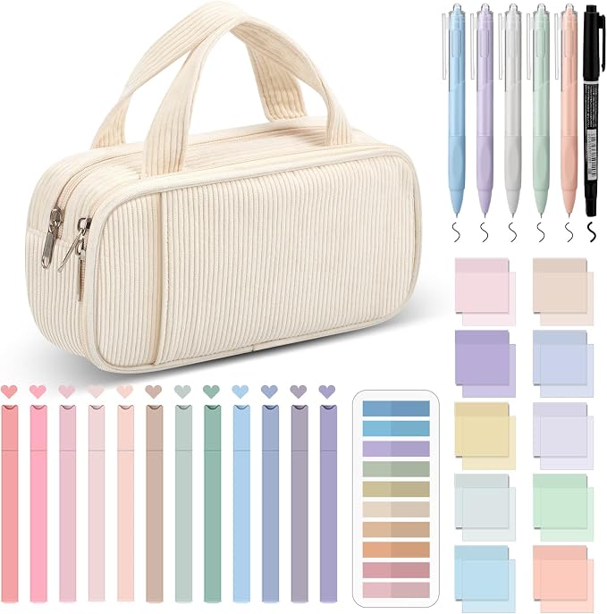 Jutom 39 Pcs Aesthetic Book Annotation Kit Highlighter with Case Bag Gel Pen Transparent Sticky Note Taking Bible Supplies(White,Classic Style)