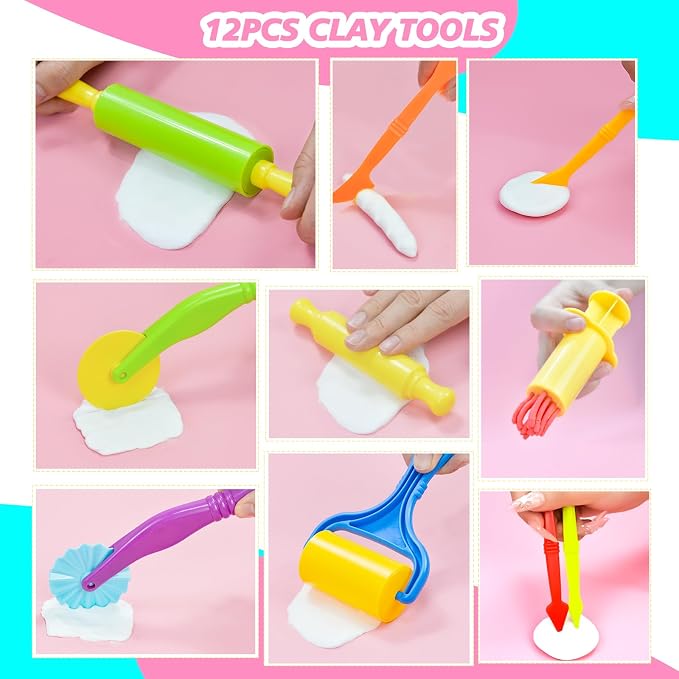 Playdough Tool Set, 31 Pcs Basic Play Dough Tools Kits for Kids, Dough Accessories Includes Pink Storage Container, Mat, 3D Animal, Cutters Roller, Rolling Pins, Safety Scissors
